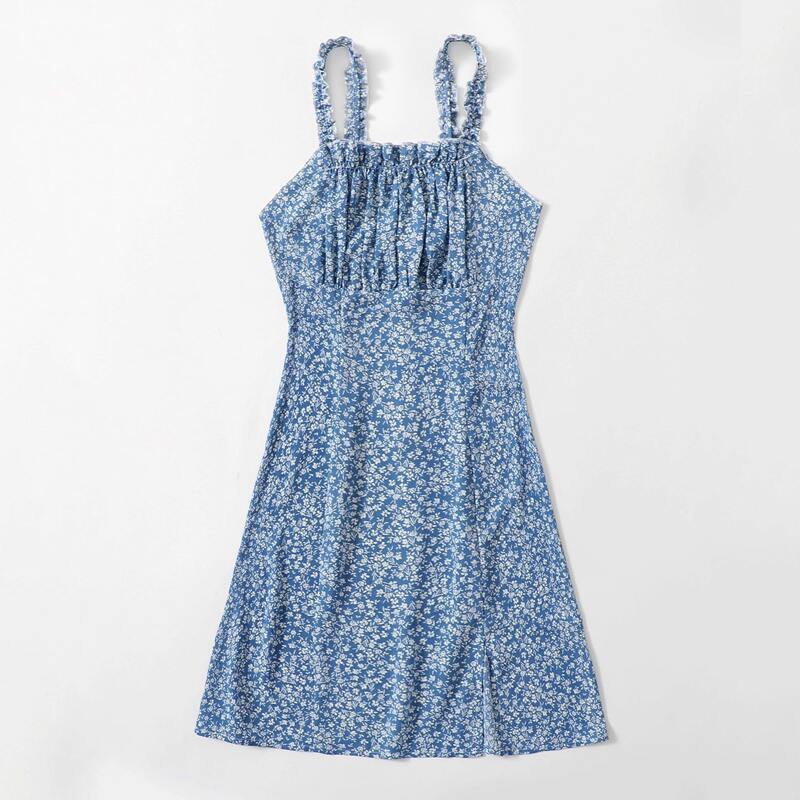 

Ditsy Floral Ruched Bust Frill Dress, Blue