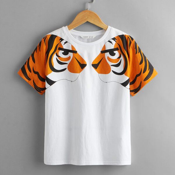 

Boys Tiger Print Round Neck Tee, White