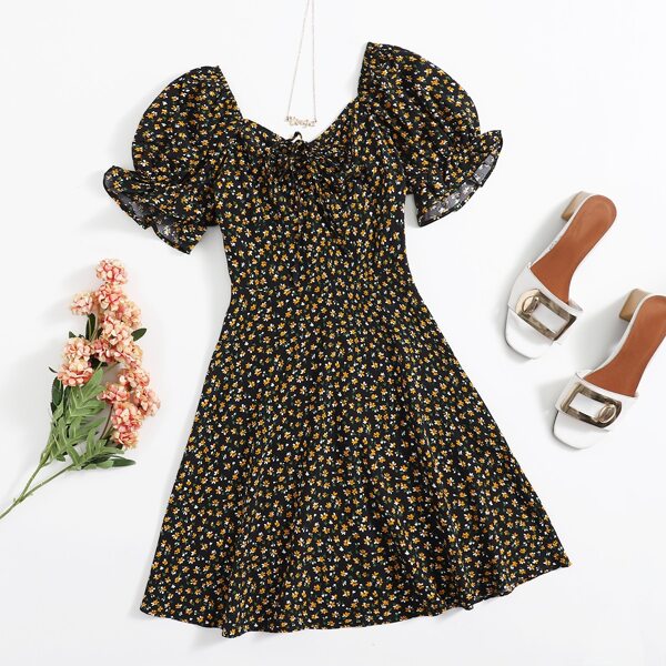 

Flounce Sleeve Knot Ruched Bust Ditsy Floral Dress, Multicolor