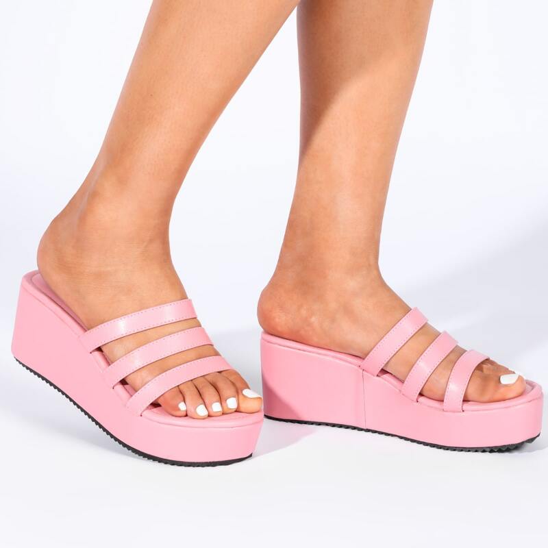 

Triple Strap Mule Wedges, Pink