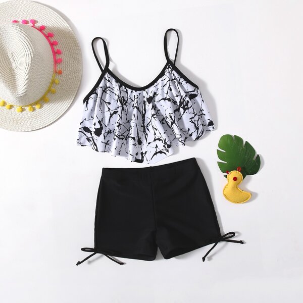 

Girls Allover Print Ruffle Shorts Bikini Swimsuit, Black and white