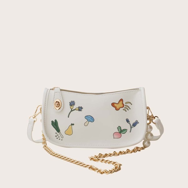

Cartoon Graphic Chain Shoulder Bag, White