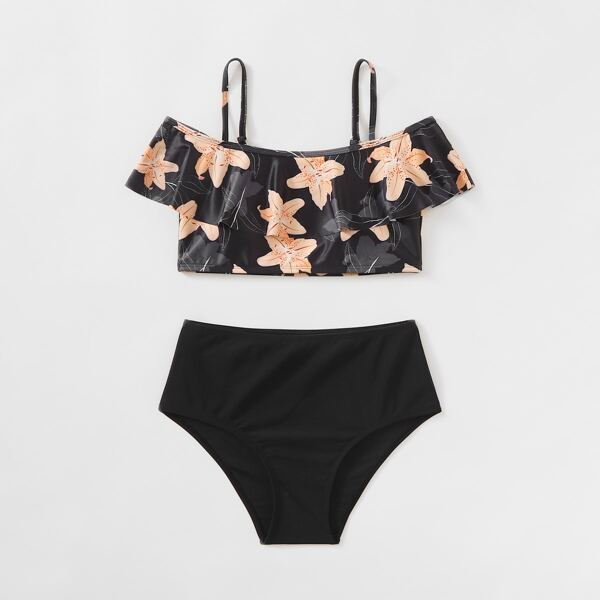 

Girls Floral Print Ruffle Bikini Swimsuit, Multicolor