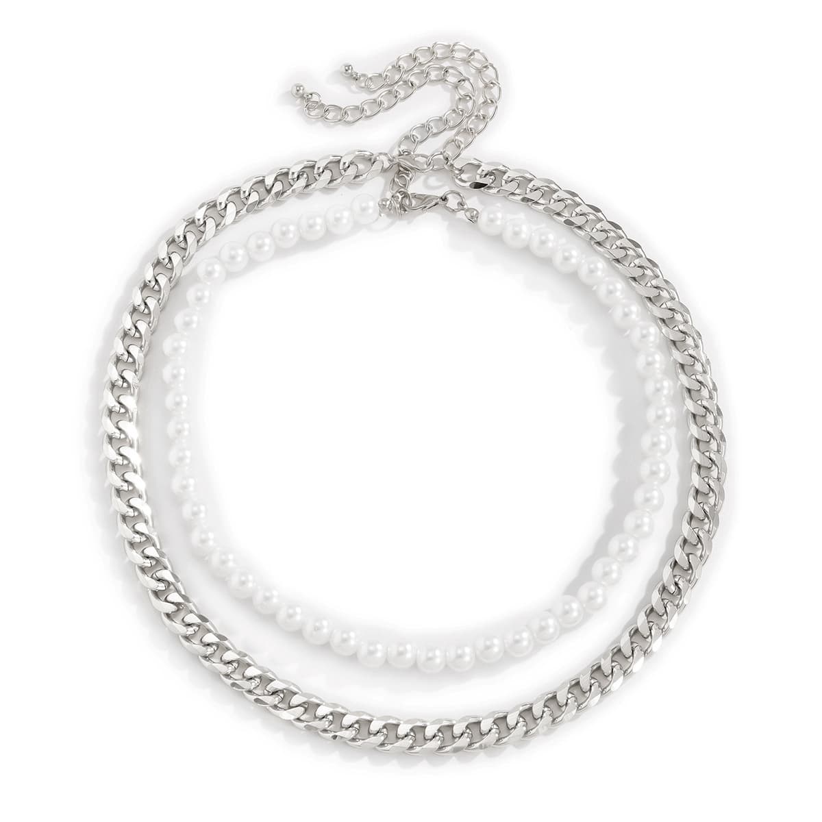 

2pcs Faux Pearl & Chain Necklace, Silver