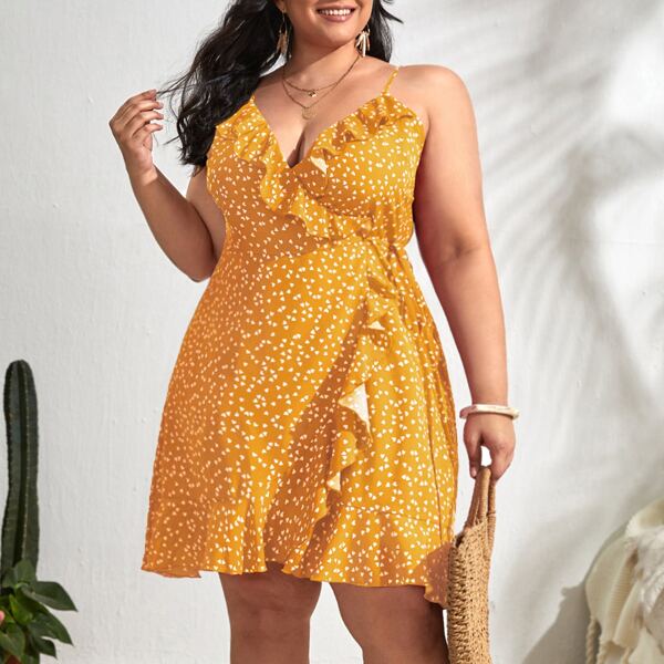 

Plus Allover Heart Print Tie Side Wrap Cami Dress, Ginger