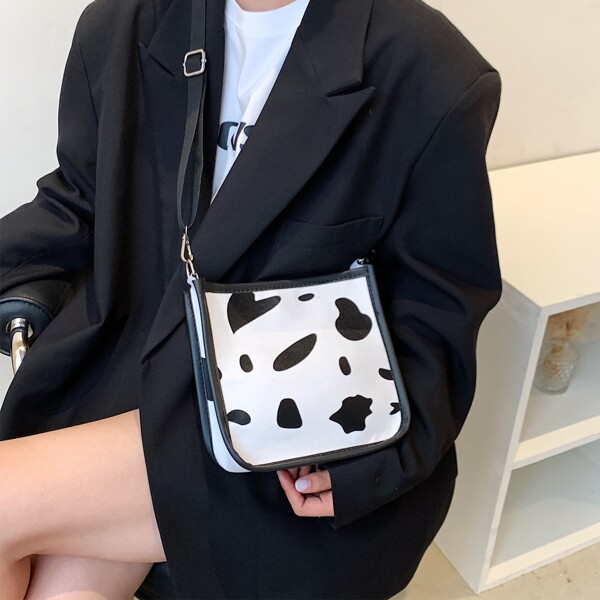 

Cow Print Crossbody Bag, Black and white