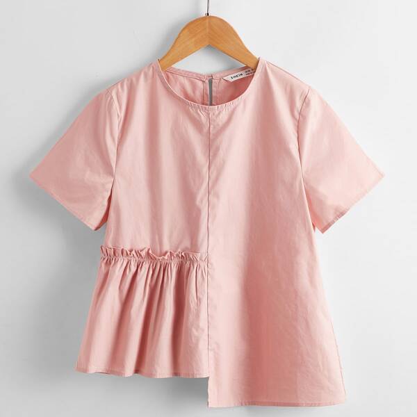 

Girls Asymmetrical Hem Ruffle Trim Top, Baby pink