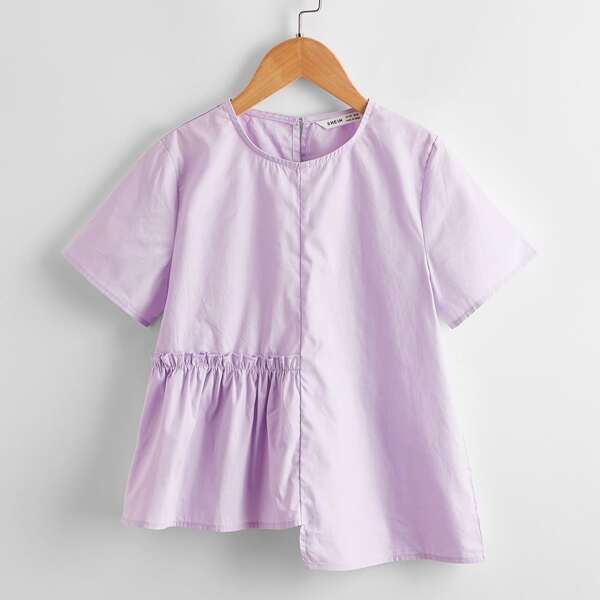 

Girls Asymmetrical Hem Ruffle Trim Top, Lilac purple