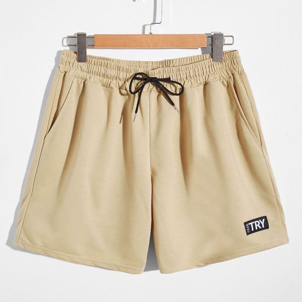 

Men Letter Graphic Drawstring Waist Shorts, Khaki