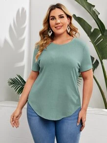 SHEIN LUNE Áo thun Plus size Bất đối xứng màu trơn Giải trí - Màu xanh Bạc hà - Xem 2