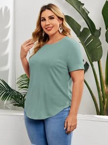 SHEIN LUNE Áo thun Plus size Bất đối xứng màu trơn Giải trí - Màu xanh Bạc hà - Xem 3