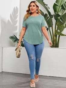 SHEIN LUNE Áo thun Plus size Bất đối xứng màu trơn Giải trí - Màu xanh Bạc hà - Xem 4