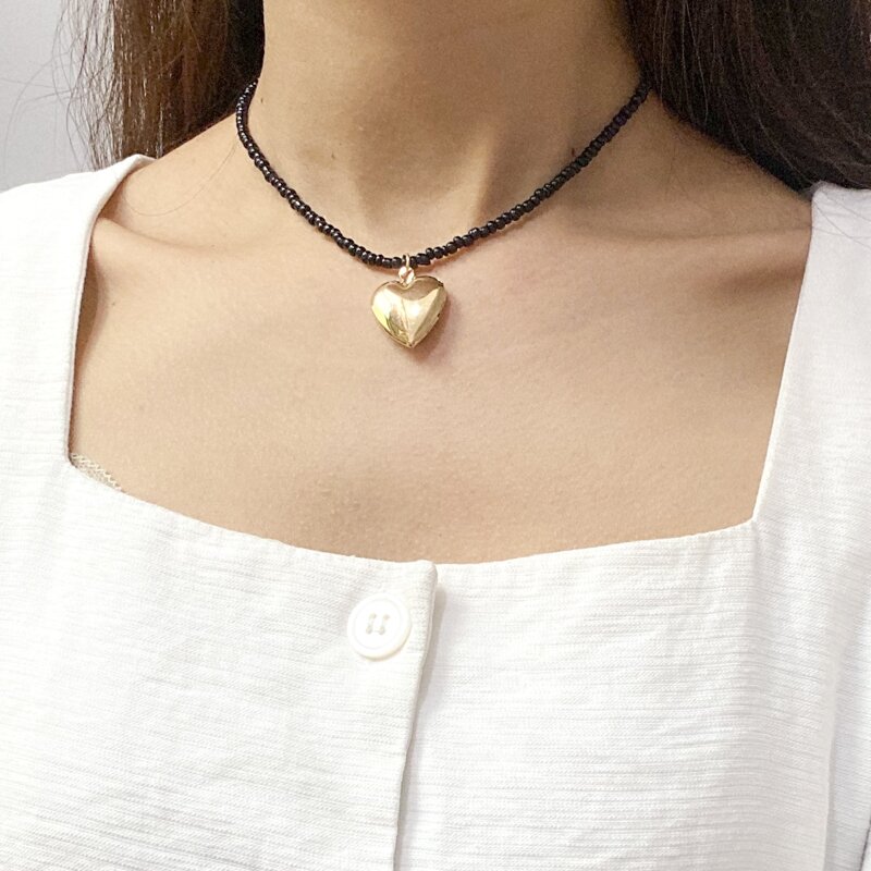 

Letter & Heart Beaded Necklace, Black