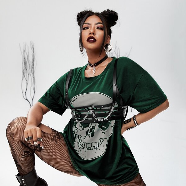 

Plus Skull Print Drop Shoulder Tee Without Accessories, Dark green