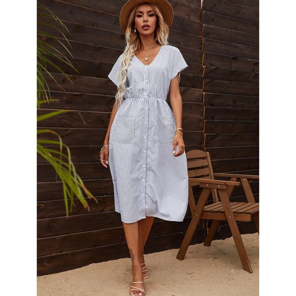 

Striped Button Front Dress, Blue and white