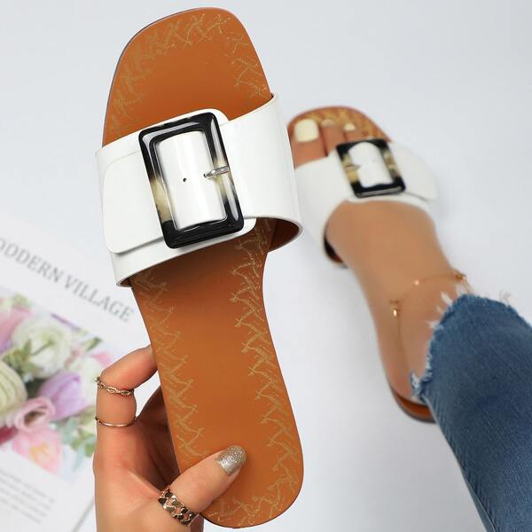 

Buckle Decor Slides, White