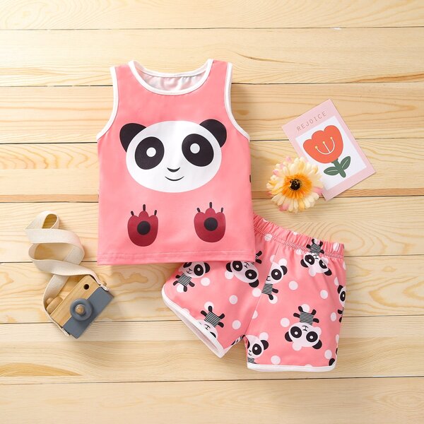 

Baby Girl Contrast Binding Panda Print Tank Top & Track Shorts, Pink