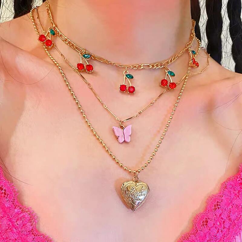 

3pcs Butterfly & Heart Pendant Necklace, Gold