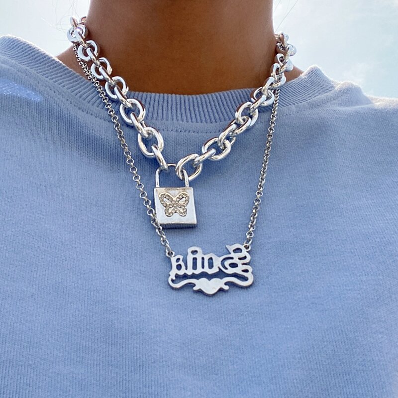 

2pcs Letter & Butterfly Chain Necklace, Silver