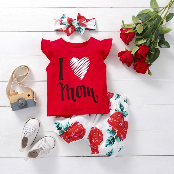 

Baby Girl Slogan Graphic Tee & Floral Shorts & Headband, Multicolor