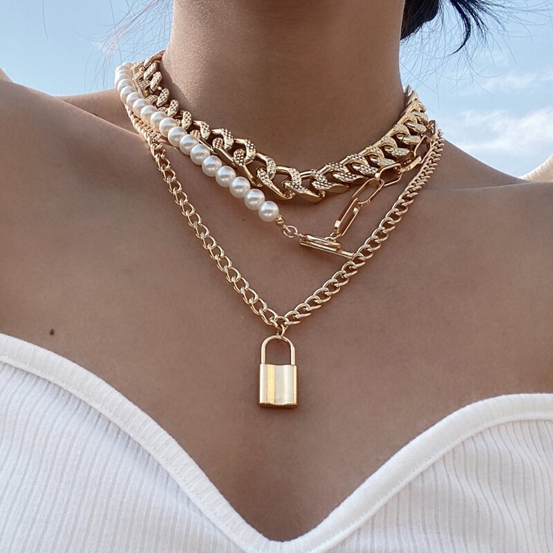 

3pcs Lock Decor Chain Necklace, Gold