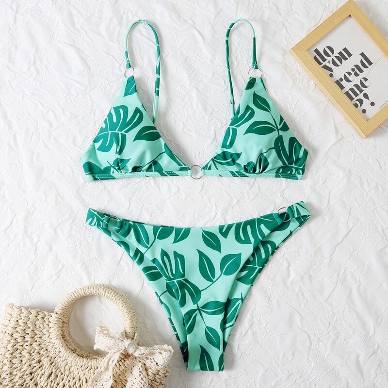 

Leaf Pattern Micro Triangle Bikini Swimsuit, Green