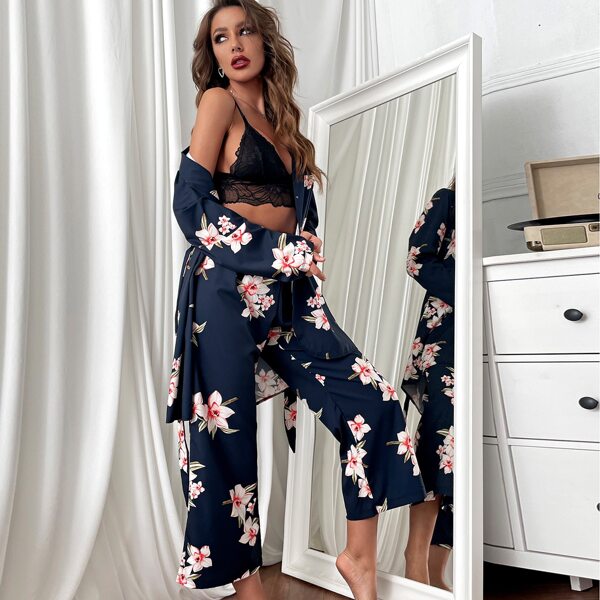 

3pcs Floral Self Tie Night Set, Navy blue