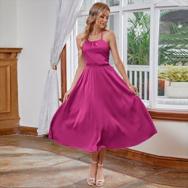 

Satin Backless Solid Cami Dress, Red violet