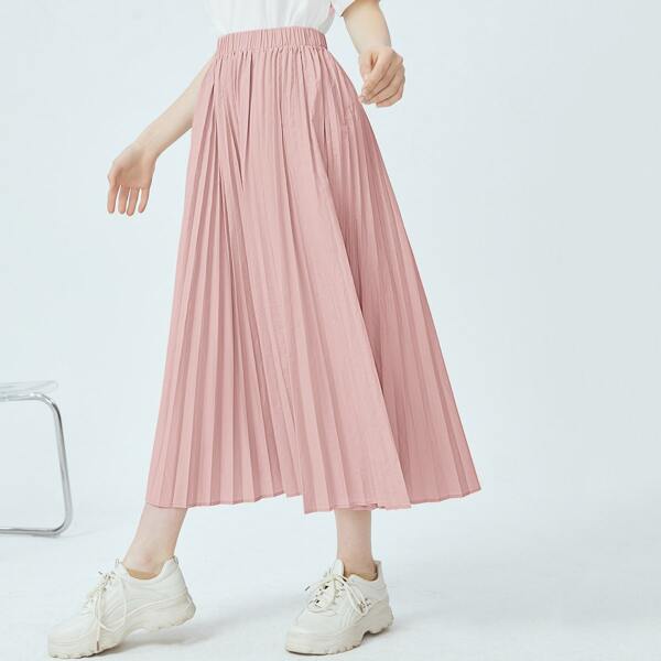 

Elastic Waist Pleated Skirt, Coral pink