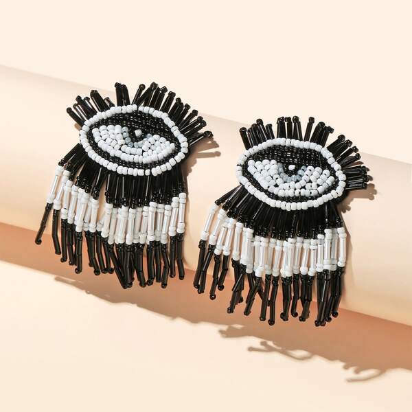 

Beaded Eye Design Drop Earrings, Black and white