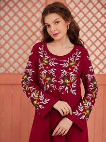 Al Najma Váy Ả Rập Thêu Hoa Boho - Màu Hoa hồng đỏ - Xem 4