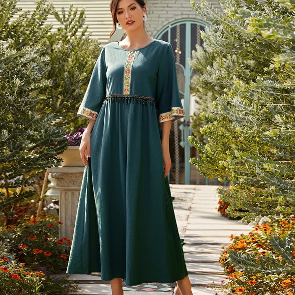 

Embroidery Tape Beaded Smock Dress, Dark green