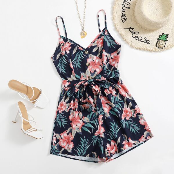 

Button Front Tropical Print Belted Cami Romper, Multicolor