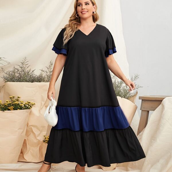 

Plus Colorblock Butterfly Sleeve Smock Dress, Black