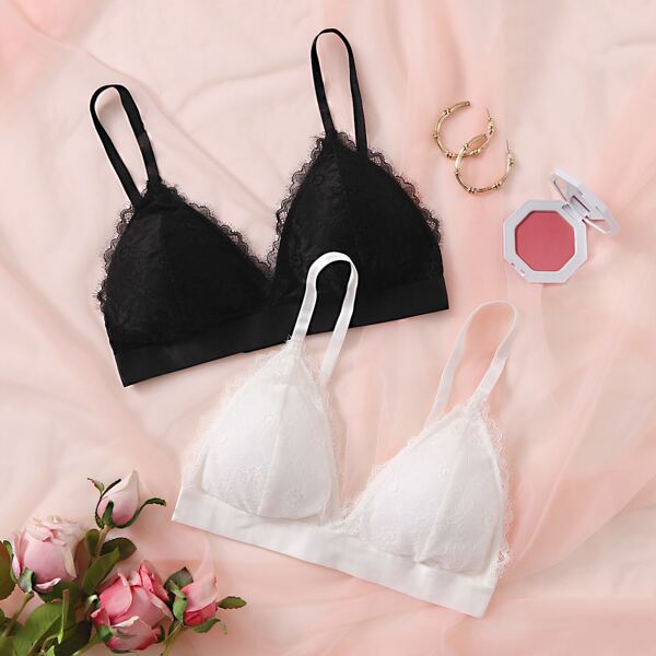 

2pack Floral Lace Bralette Set, Black and white