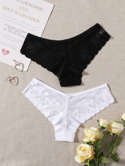 طقم بناطيل داخلية (سنتر) مزخرف بالزهور والدانتيل، عبوتان