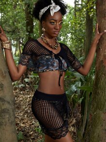 SHEIN Swim Summer Contrast Lace Hollow Out Cover Up Set - Black - View 1