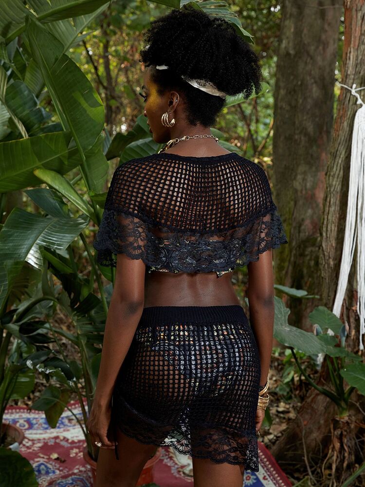 Summer Contrast Lace Hollow Out Cover Up Set