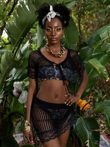 SHEIN Swim Summer Contrast Lace Hollow Out Cover Up Set - Black - View 3