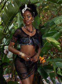 SHEIN Swim Summer Contrast Lace Hollow Out Cover Up Set - Black - View 4