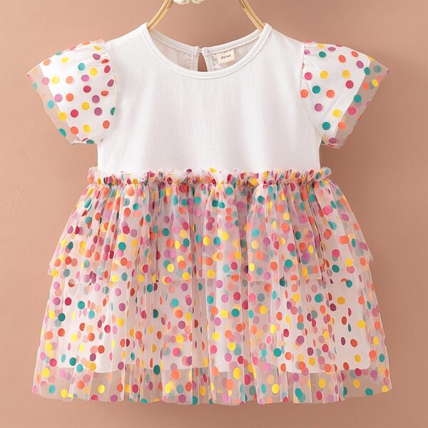 

Baby Girl Polka Dot Mesh Panel Smock Dress, Multicolor
