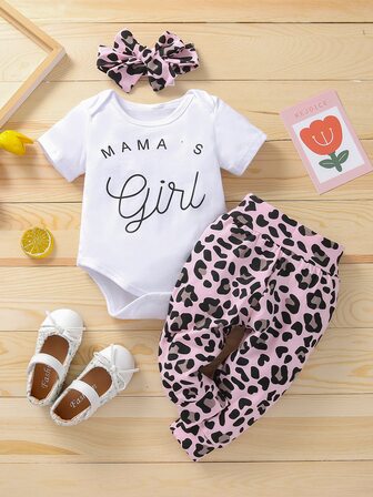 بنطلون مع بدسويت بجرافيك شعار مع عصابة راس للبنات الرضع