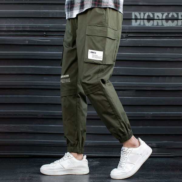 

Men Letter Patched Flap Pocket Cargo Pants, Army green