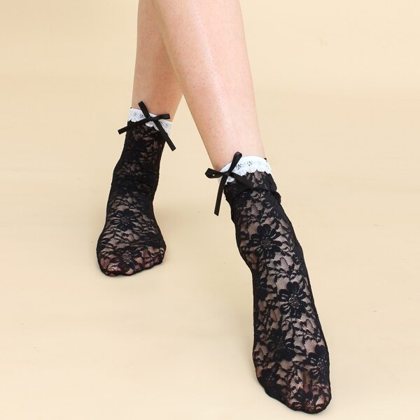 

Bow Decor Lace Crew Socks, Black