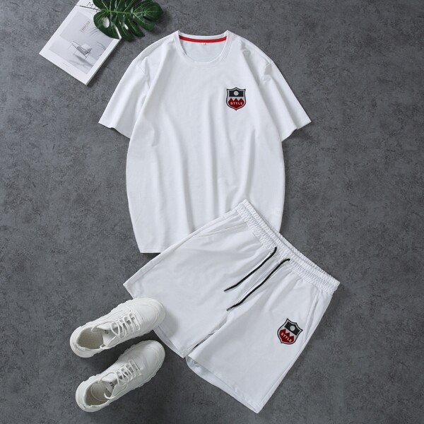 

Men Letter Graphic Tee & Drawstring Waist Shorts, White