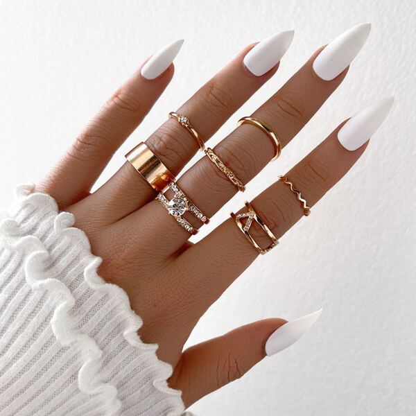 

7pcs Rhinestone Detail Ring, Gold
