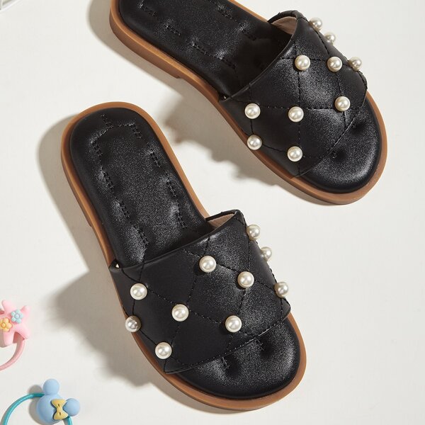 

Girls Faux Pearl Decor Quilted Slippers, Black