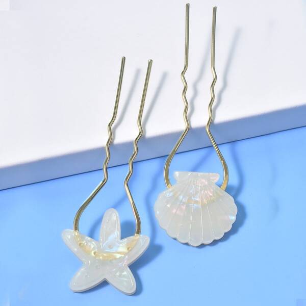 

2pcs Shell Detail Hair Pin, Multicolor