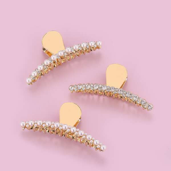 

3pcs Rhinestone Decor Hair Claw, Gold