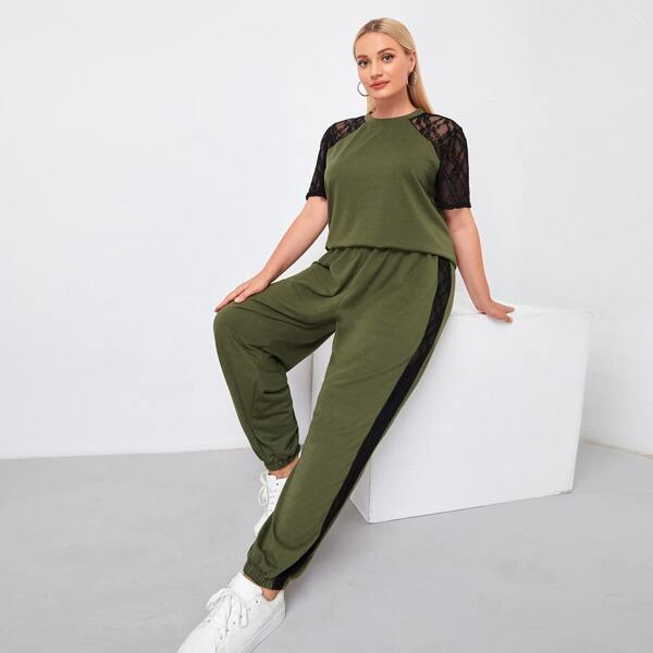 

Plus Contrast Lace Raglan Sleeve Tee & Sweatpants, Army green